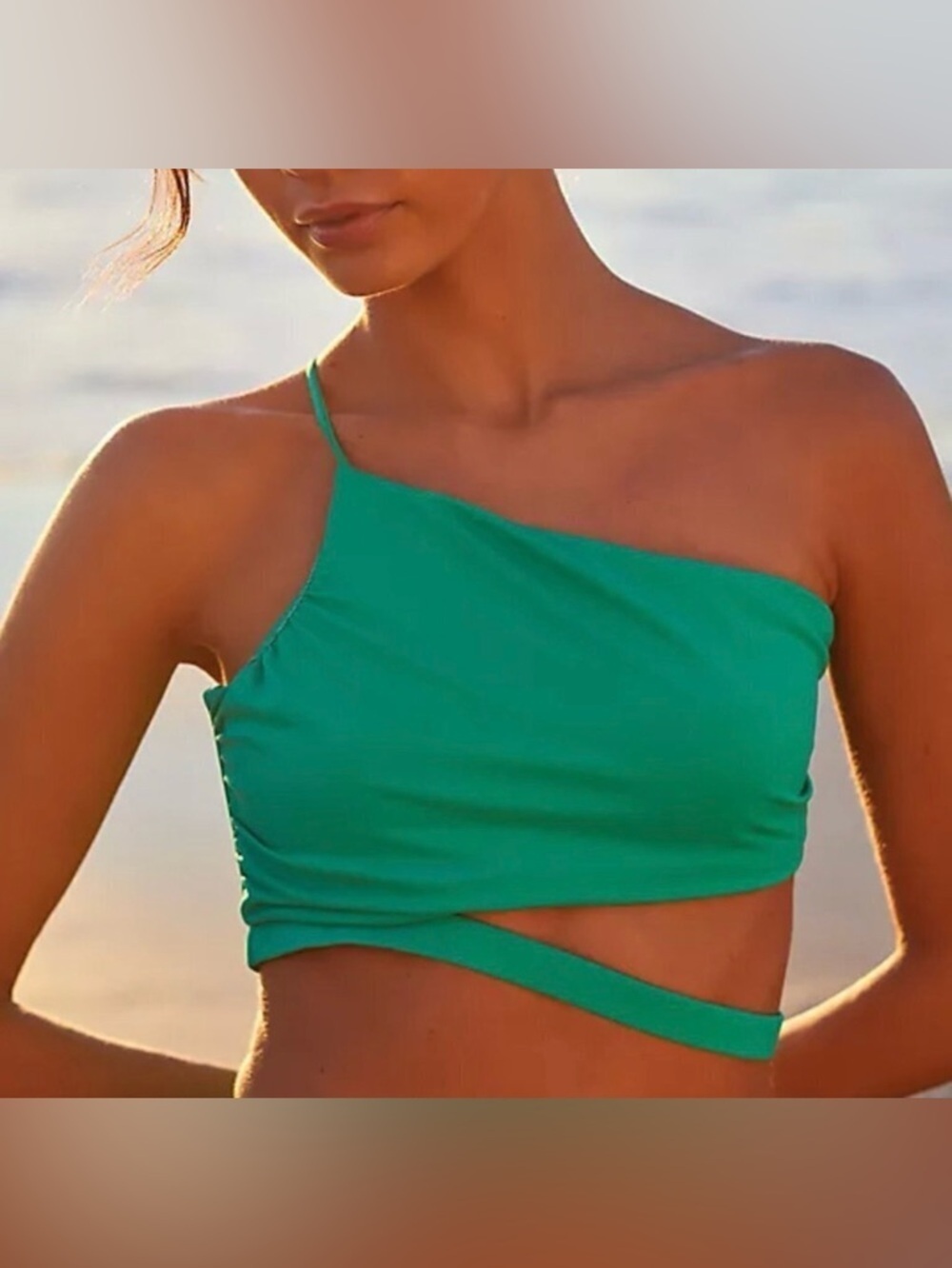 Agua Bendita Ventura Java one shoulder cut-out bikini top swim green new 3X